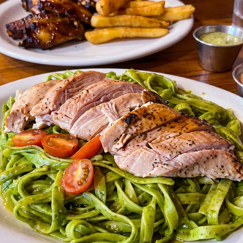 Grilled sliced chicken over green pesto pasta with cherry tomatoes, accompanied by barbecue ribs, fries, dipping sauces, and a drink.