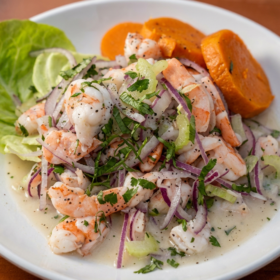 Seafood ceviche with shrimp, onions, cilantro, lime, lettuce, and orange sweet potato slices on a white plate.