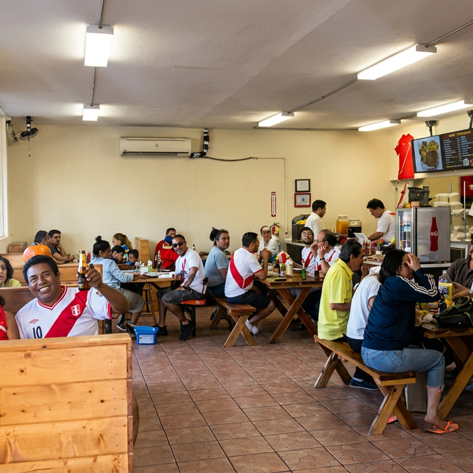 Busy casual restaurant filled with diners, including Peru soccer fans, wooden picnic tables, a counter, beverage refrigerators, and menu boards.